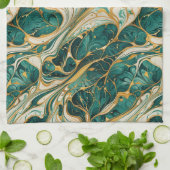 Green and White Marble with Gold Accents Theedoek (Gevouwen)