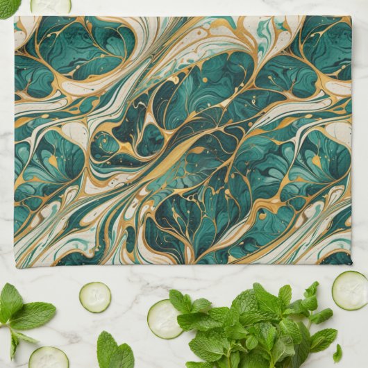 Green and White Marble with Gold Accents Theedoek (Gevouwen)