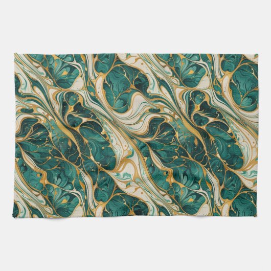 Green and White Marble with Gold Accents Theedoek (Horizontaal)