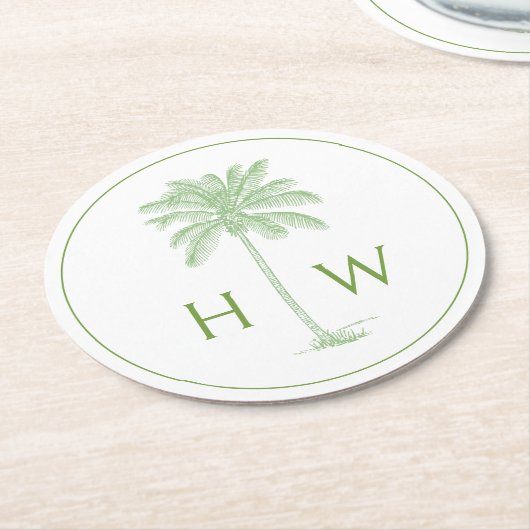 Green and White Palm Palmetto Tree Monogram Ronde Kartonnen Onderzetter (Gebogen)