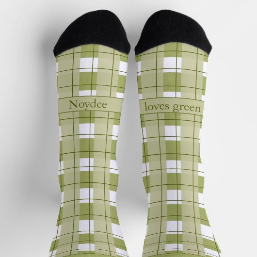 Green and White Plaid, Text on Foot Sokken (Top)