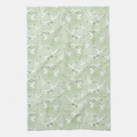 Green And White Seagull Beach Bird Pattern Theedoek (Verticaal)