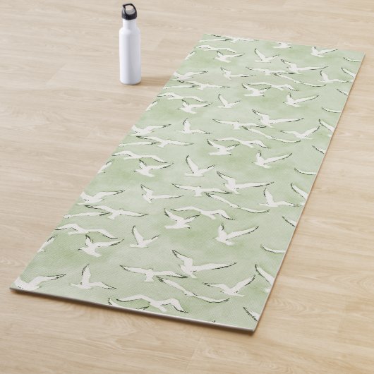 Green And White Seagull Bird Beach Pattern Yogamat (In situ)