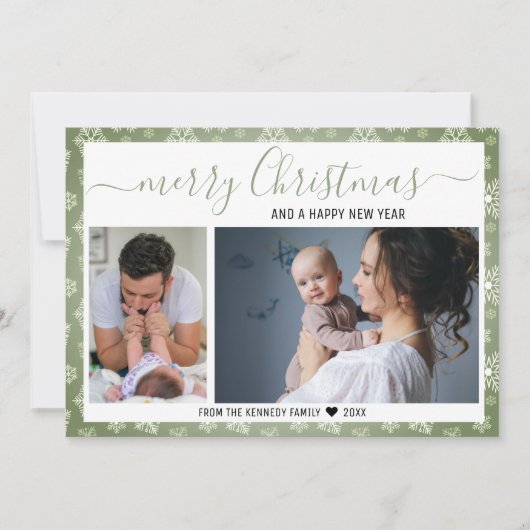 Green And White Snowflakes Merry Christmas Photo Feestdagenkaart (Voorkant)