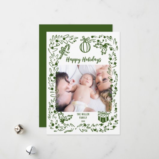 Green and white whimsical Christmas Photo Card Feestdagenkaart (Voorkant / Achterkant in situ)