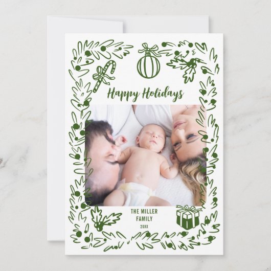 Green and white whimsical Christmas Photo Card Feestdagenkaart (Voorkant)