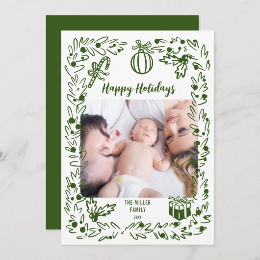 Green and white whimsical Christmas Photo Card Feestdagenkaart (Voorkant / Achterkant)