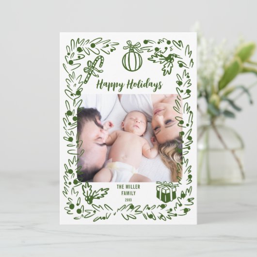 Green and white whimsical Christmas Photo Card Feestdagenkaart (Staand voorkant)