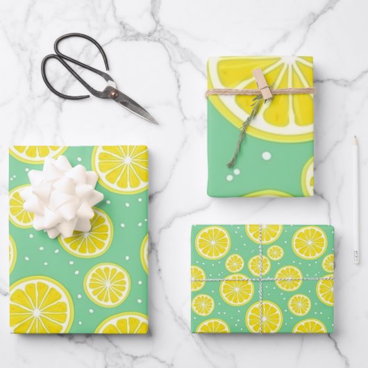 Green and Yellow Lemon Pattern Inpakpapier Vel (Voorkant)