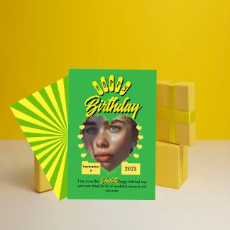 Green and Yellow Retro Birthday Greetings,vintage  Kaart