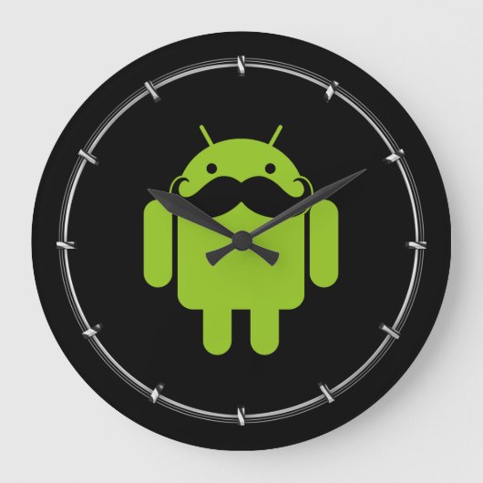 Green Android Robot Mustache op Black Grote Klok (Voorkant)