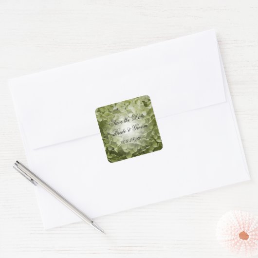 Green Annabelle Hydrangea Wedding Save the Date Vierkante Sticker (Envelop)