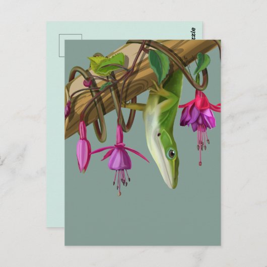 Green anole with Fuchsias Briefkaart (Voorkant / Achterkant)