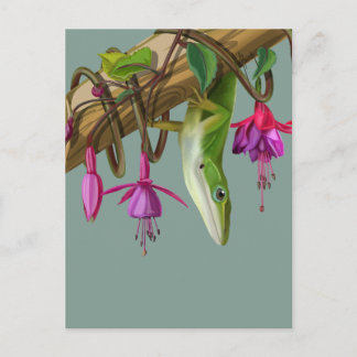 Green anole with Fuchsias Briefkaart