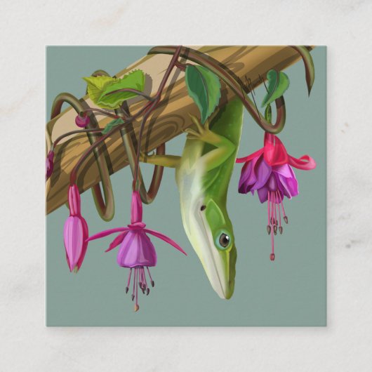 Green anole with Fuchsias Informatiekaartje (Voorkant)