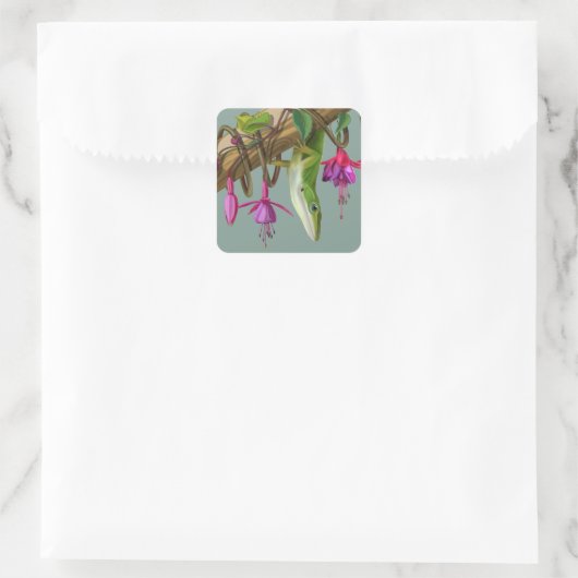 Green anole with Fuchsias Vierkante Sticker (Tas)
