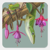 Green anole with Fuchsias Vierkante Sticker (Voorkant)