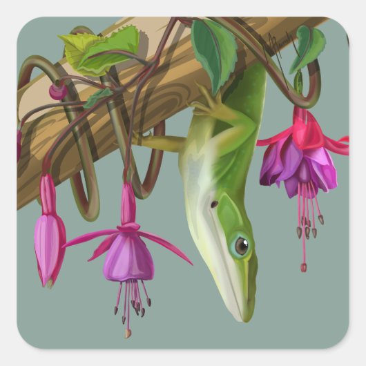Green anole with Fuchsias  Vierkante Sticker (Voorkant)