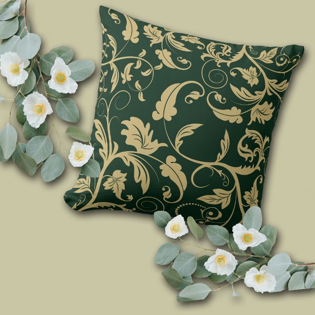 Green Antiek Gold Retro Leaf Swirl Kussen (Creator heeft geüpload)