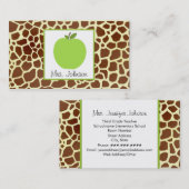 Green Apple Giraffe Print Teacher Visitekaartje (Voorkant / Achterkant)