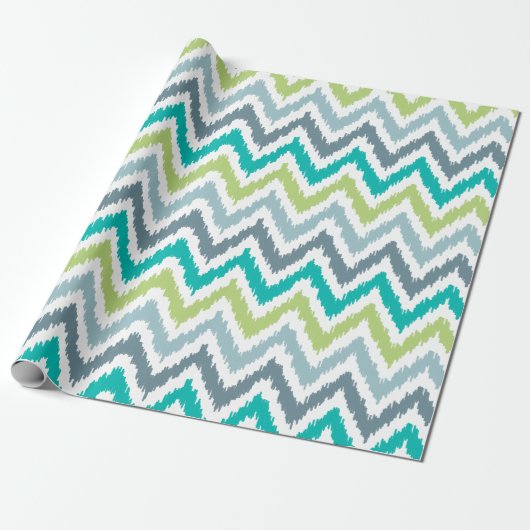 Green Aqua Gray Zigzags Ikat Pattern Cadeaupapier (Uitgerold)