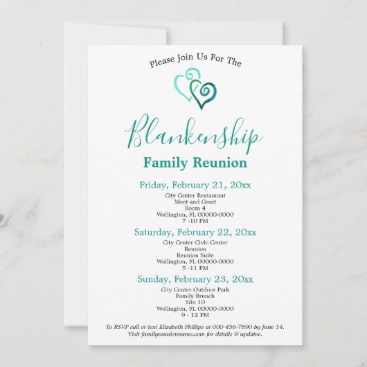 Green Aqua Linked Hearts 3-daagse reünie uitnodigi Kaart (Voorkant)