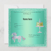 Green Aqua Unicorn Cake BIRTHDAY PARTY Kaart (Achterkant)