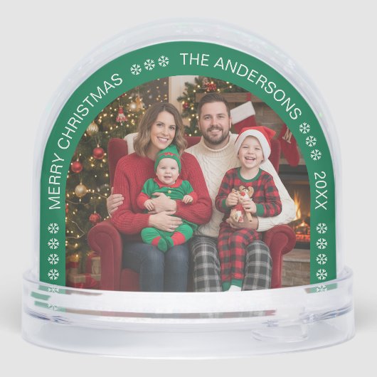 Green Arch Family Photo Merry Christmas Snowflakes Sneeuwbol (Achterkant)