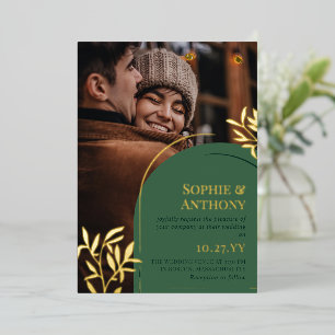 Green Arch Golden Greenery Photo Fall Wedding Folie Uitnodiging