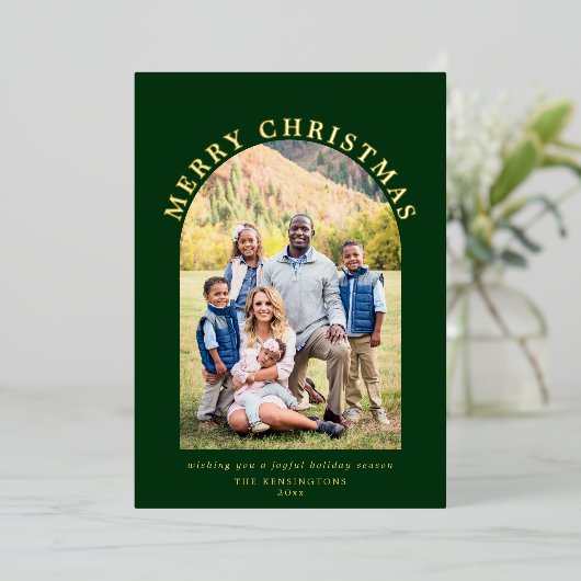 Green Arch Kerstfeestay Foto Folie Feestdagenkaart (Staand Voorkant)