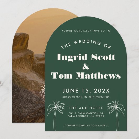 Green Arched Minimalist Tropics Wedding Kaart (Voorkant / Achterkant)