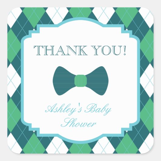 Green Argyle & Bow Baby shower Dank u Vierkante Sticker (Voorkant)