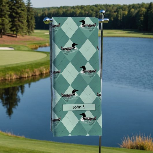Green Argyle Patroon Zwemmen Loon Lake Vogels Naam Golfhanddoek