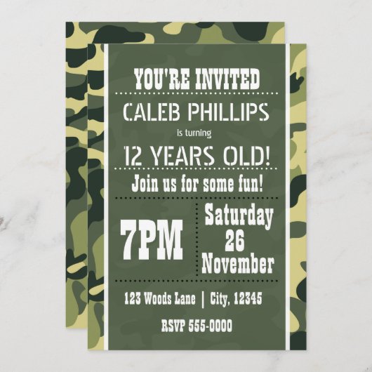 Green Army Camouflage Verjaardagsfeestje Uitnodigi Kaart (Voorkant / Achterkant)
