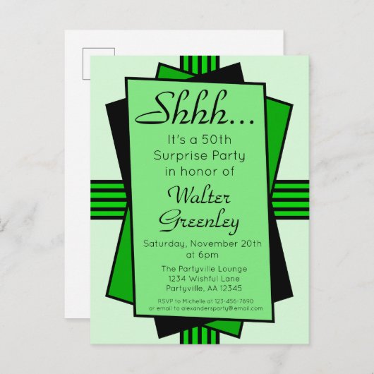 Green Art Deco 50th Surprise Party Birthday Uitnodiging Briefkaart (Voorkant / Achterkant)