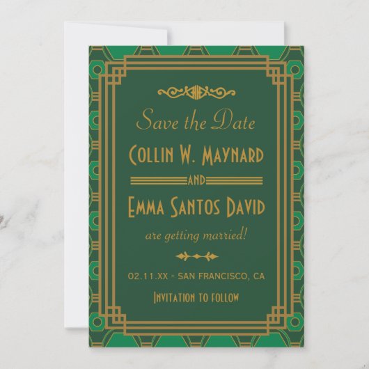 Green Art Deco Wedding Save the Date Kaart (Voorkant)