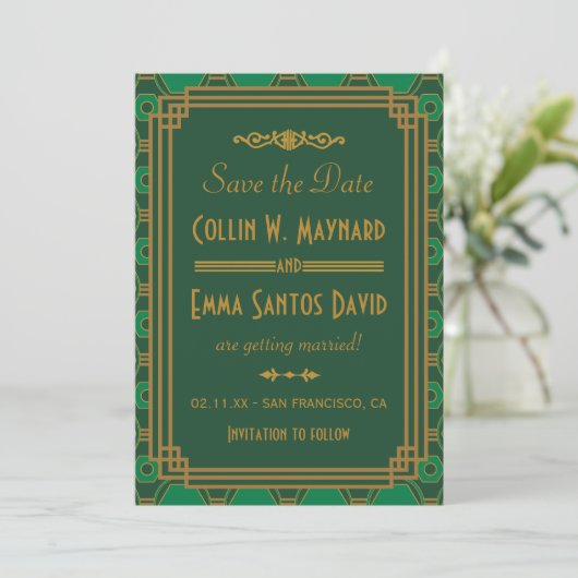 Green Art Deco Wedding Save the Date Kaart (Staand voorkant)