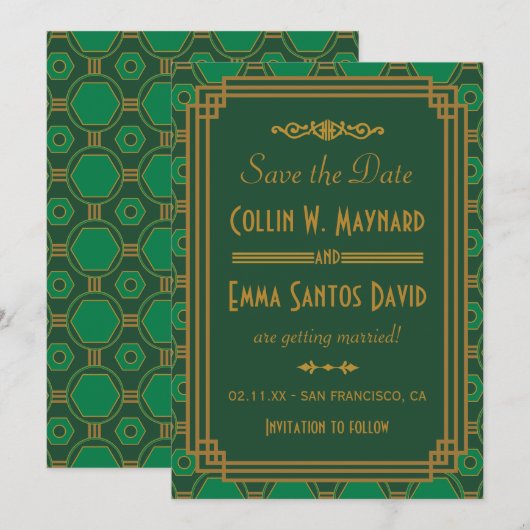 Green Art Deco Wedding Save the Date Kaart (Voorkant / Achterkant)