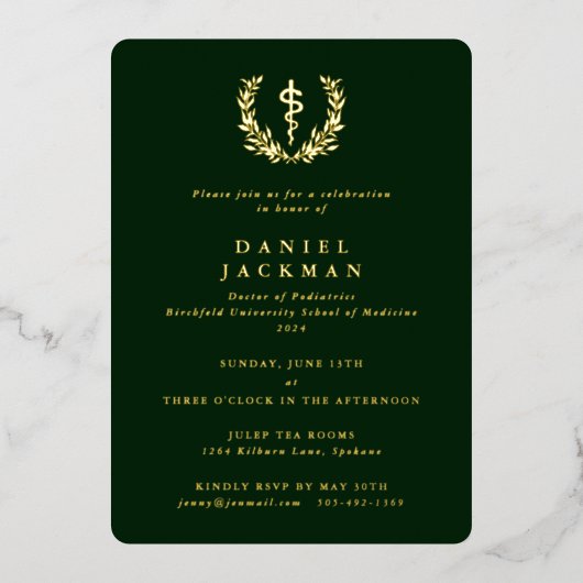 Green Asclepius Medical School Afstuderen Folie Uitnodiging (Voorkant)