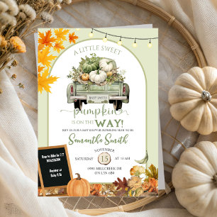 Green Autumn Leaves Pumpkin Truck Baby shower Kaart