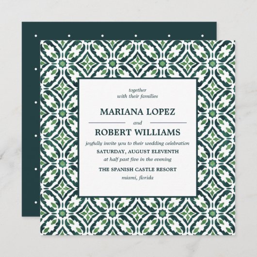 Green Azulejo | Spaans Tegel Pattern Wedding Kaart (Voorkant / Achterkant)
