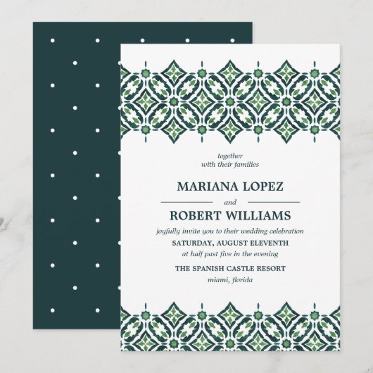 Green Azulejo | Spaanse Tegel border lace Wedding Kaart (Voorkant / Achterkant)