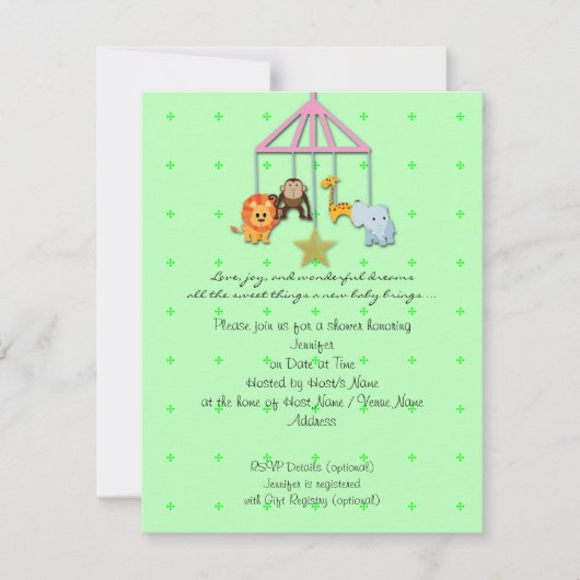 Green Baby Animal Mobile Baby shower Invitation Kaart (Voorkant)