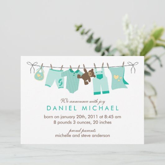Green Baby Clothesline New Baby Aankondiging (Staand voorkant)