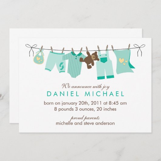 Green Baby Clothesline New Baby Aankondiging (Voorkant / Achterkant)