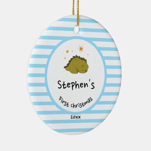 Green Baby Dino | Eerste kerstbaby Blauwe Stripe | Keramisch Ornament (Rechts)