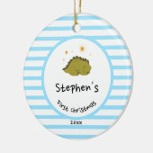 Green Baby Dino | Eerste kerstbaby Blauwe Stripe | Keramisch Ornament (Links)