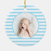 Green Baby Dino | Eerste kerstbaby Blauwe Stripe | Keramisch Ornament (Achterkant)