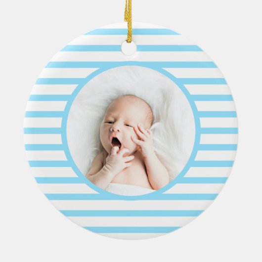 Green Baby Dino | Eerste kerstbaby Blauwe Stripe | Keramisch Ornament (Achterkant)