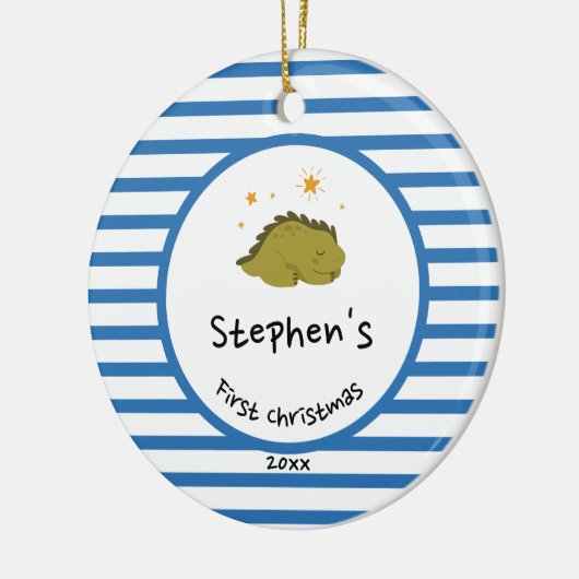 Green Baby Dino | Eerste kerstblauwe striptekening Keramisch Ornament (Links)